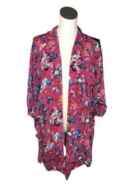 Band of Gypsies Cardigan Womens S Floral Jacket Cranberry Blue Top Lace Boho